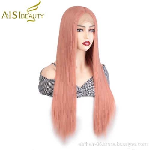 Aisi Beauty Hot Selling Wholesale Long Silky Straight Pink Pre Plucked Middle Part Synthetic Hair For Black Women Lace Front Wig